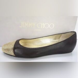 Jimmy Choo Waine Black Leather Gold Stud Cap Toe Ballet Flats Size 38